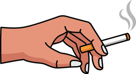 Hand holding a lit cigarette with smoke rising, vector illustration isolated on white background.