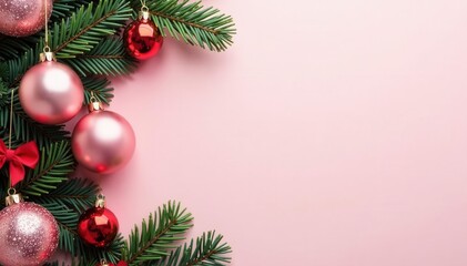 Blush pink holiday theme Ornaments and greenery on light backdrop , Xmas, Christmas decor, winter theme