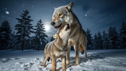 Obraz premium A large wolf nuzzles a smaller wolf in a snowy forest under a starry night sky with a full moon.