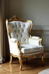 White gold armchair, classic setting Subtle details, opulent feel , golden, gold design