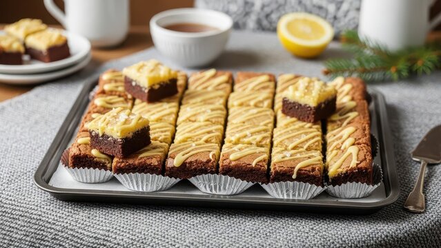 Full tray of freshly baked layered chocolate and lemon cheesecake bars, drizzled with white icing and presented on a baking sheet with white paper liners, ready for serving