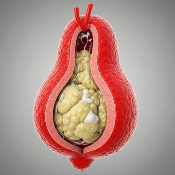  illustration of an acutely inflamed gallbladder, distended and filled with purulent material (pus). The wall is bright red and angry. Clean studio background.