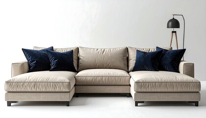 A spacious, light-toned sectional sofa with deep indigo throw pillows is set against a white wall with a floor lamp