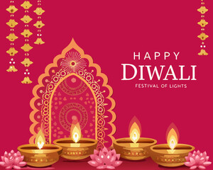 A festive diwali celebration with ornate archway glowing lamps and lotus flowers