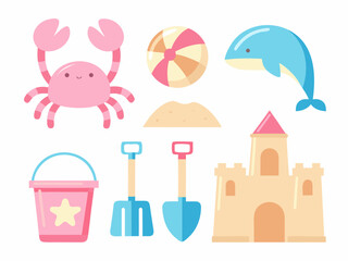 Cute cartoon beach elements crab dolphin sandcastle and beach toys illustration