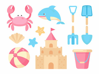 Colorful summer icons depicting crabs dolphins sandcastles and beach toys