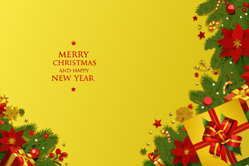 Festive christmas background with gifts poinsettias and a merry new year greeting