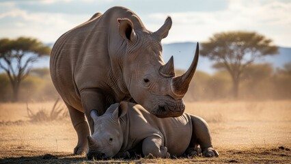 A large rhinoceros gently touches noses with a smaller rhino lying down in a savannah with trees