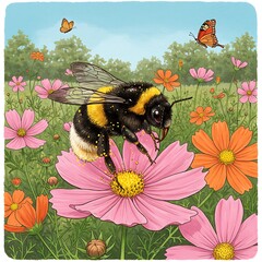 コスモスとクマバチの精密画