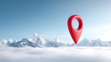 Red location pin symbol hovering above clouds with majestic mountains in the background, representing travel and exploration concepts in stunning detail
