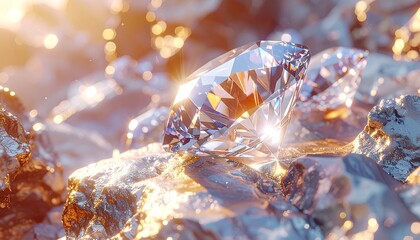 A sparkling, flawless cut jewel sits nestled amidst rough, golden-hued, irregular mineral formations, catching the warm, sunlit glow