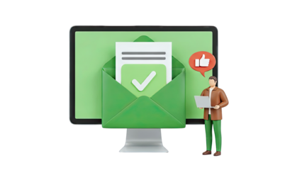 3D Character Receiving Approved Email with Thumbs Up Notification