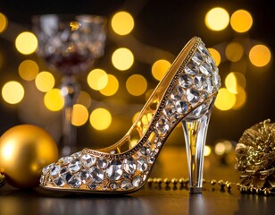 A sparkly jeweled high heel shoe sits with golden Christmas ornaments, champagne glass, and lights in the blurry background