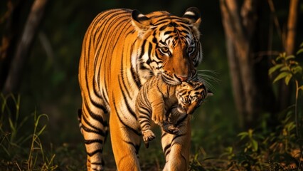 Obraz premium A tiger and her cub walking through a forest with dappled sunlight and lush greenery, conveying a