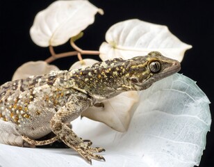 A speckled gecko perches on a white leaf, its gaze directed towards the viewer. The background is a stark black
