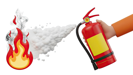 Hand with Fire Extinguisher Spraying Foam on Flames