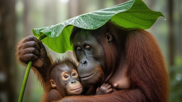 A tender adult orangutan holds a leaf over itself and a smaller orangutan in a forest setting with - Powered by Adobe