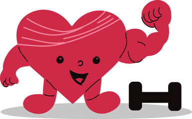 Strong healthy heart character exercising with dumbbell for fitness and cardio health