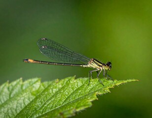 Delicate damselfly perched on a vibrant green leaf, nature close-up