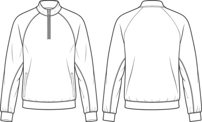 Technical Flat Sketch of Men Full Zip Fleece Jacket Quarter Zip Pullover and Slim Fit Denim Jeans Fashion Vector Template © MSTAYESHASIDDIKA
