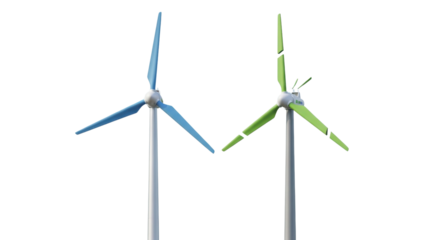 Two Blue and Green Wind Turbines Isolated on White Background