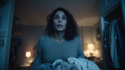 Woman with curly hair, wearing a cozy sweater, stands in a dimly lit room holding laundry, expressing surprise and concern in a dramatic nighttime scene