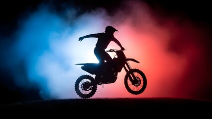 Silhouette of a motocross rider performing a stunt in a smoky atmosphere.