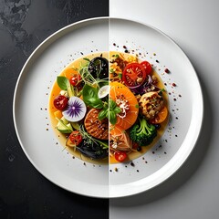 A split composition showcasing a plated dish, one half in grayscale, the other in vibrant color, highlighting fresh produce
