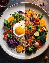 A split plate featuring vibrant half with an egg and raw greens, and the other with cooked veggies and protein