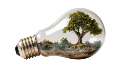 Light bulb encapsulating a green tree and natural landscape, symbolizing powerful eco-friendly ideas and sustainable energy