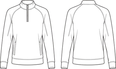 Technical Flat Sketch of Men Full Zip Fleece Jacket Quarter Zip Pullover and Slim Fit Denim Jeans Fashion Vector Template © MSTAYESHASIDDIKA
