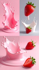 A split-image composition showcasing different arrangements of splashing pink liquid and vibrant red fruit with green leafy tops