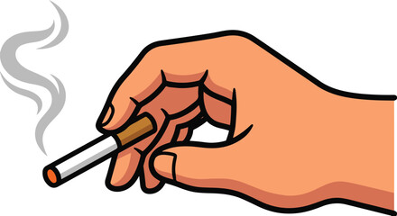 Hand holding a lit cigarette with smoke rising, vector illustration isolated on white background.