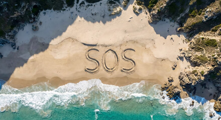 Aerial View of SOS Signal Carved in Sand on Remote Coastline