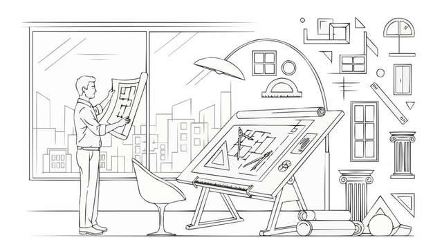 Architectural design process with blueprints and drafting table.