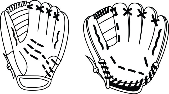 Baseball gloves sketch, palm view, stitching detail, padded design, sports gear, glove comparison, equipment layout, flat vector illustration