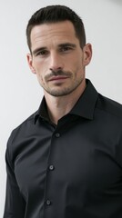 Confident man wearing a black shirt poses against a neutral background, showcasing a modern and stylish appearance, reflecting professionalism and charisma in a portrait setting