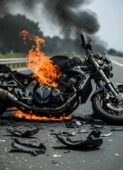 Burning motorcycle on the side of a road with smoke rising