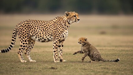 Fototapeta premium A cheetah and its cub playfully interact in a grassy savannah field with warm tones.