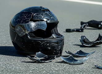 Cracked and broken motorcycle helmet on asphalt road