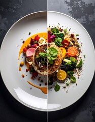 A split-view culinary presentation on a white plate, showcasing a dish of cooked ingredients, vegetables, and a central stacked item with vibrant sauces