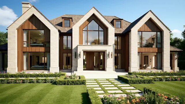 Luxury Modern Mansion With Manicured Garden On A Sunny Day