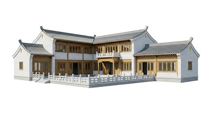 Architectural rendering showcases a traditional Chinese courtyard house with detailed design