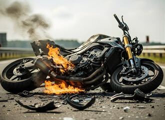 Damaged motorcycle on fire on the road accident