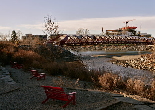 Riverside Seating Area with Peace Bridge in Calgary