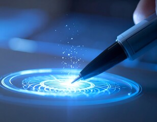 Stylus touching glowing digital spiral on illuminated surface