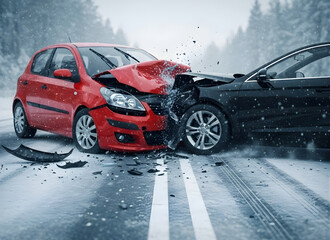 Two cars crash on snowy road with damage and debris  accident scene