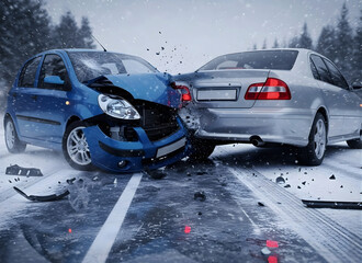 Blue and silver cars crashed on snowy road with debris