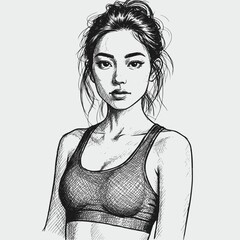 Athletic girl. Black and white line sketch portrait of a beautiful sports woman with messy hairstyle. JPEG version.