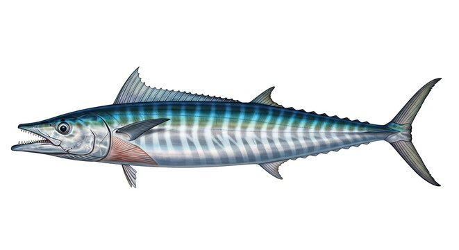 Detailed Wahoo Fish Illustration with Silver Stripes and Aqua Blue Accents isolated